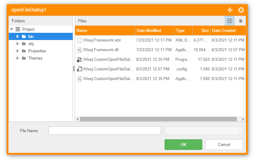 Customized OpenFileDialog with dark orange theme applied